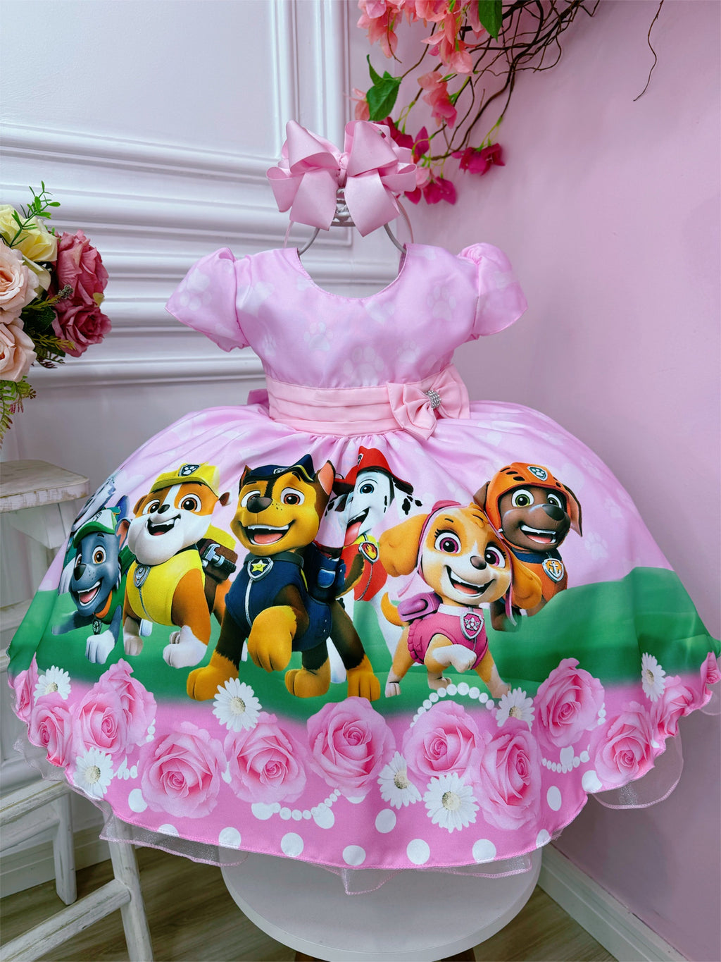 Girls Pink Puppy Inspired Luxury Party Dress