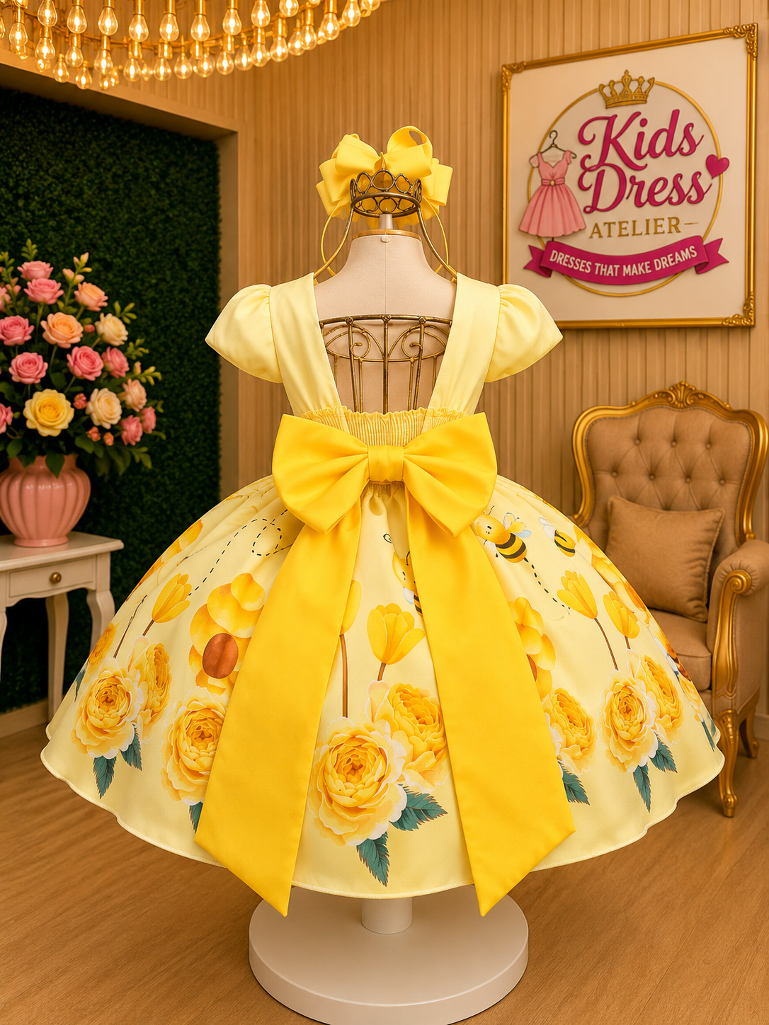 Yellow Honey Bee Floral Girls’ Party Dress