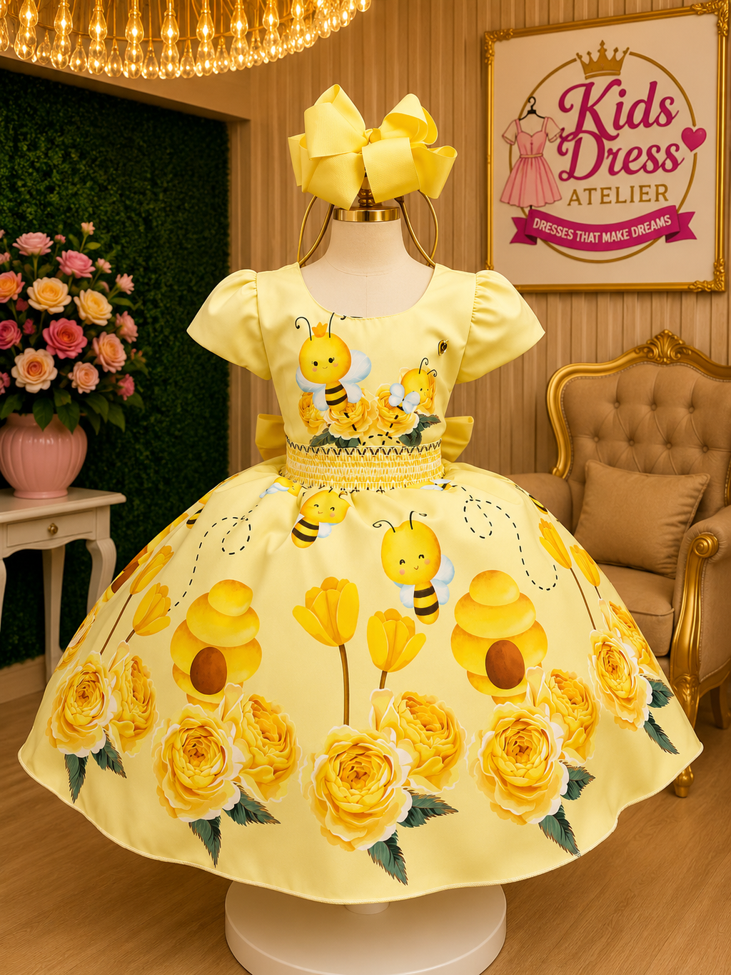 Yellow Honey Bee Floral Girls’ Party Dress