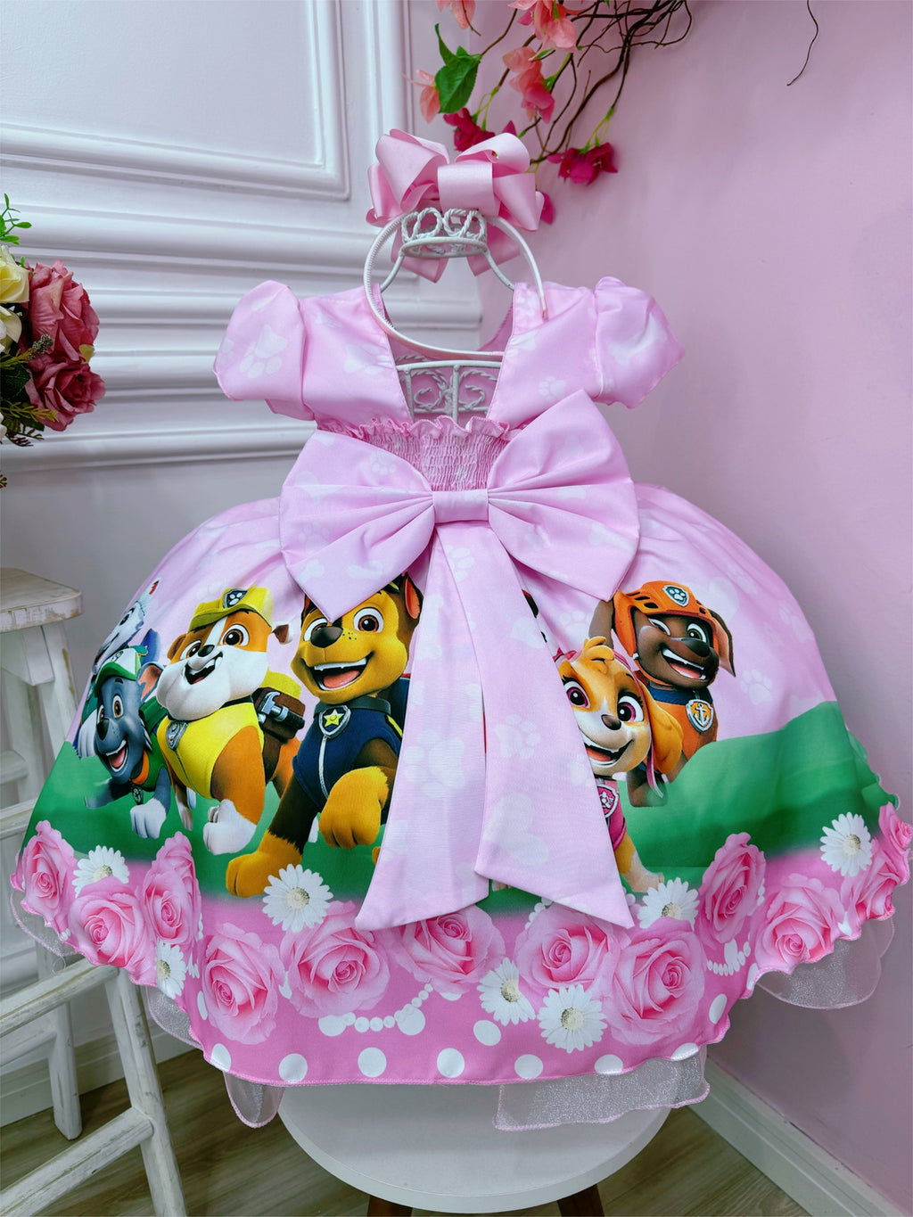Girls Pink Puppy Inspired Luxury Party Dress