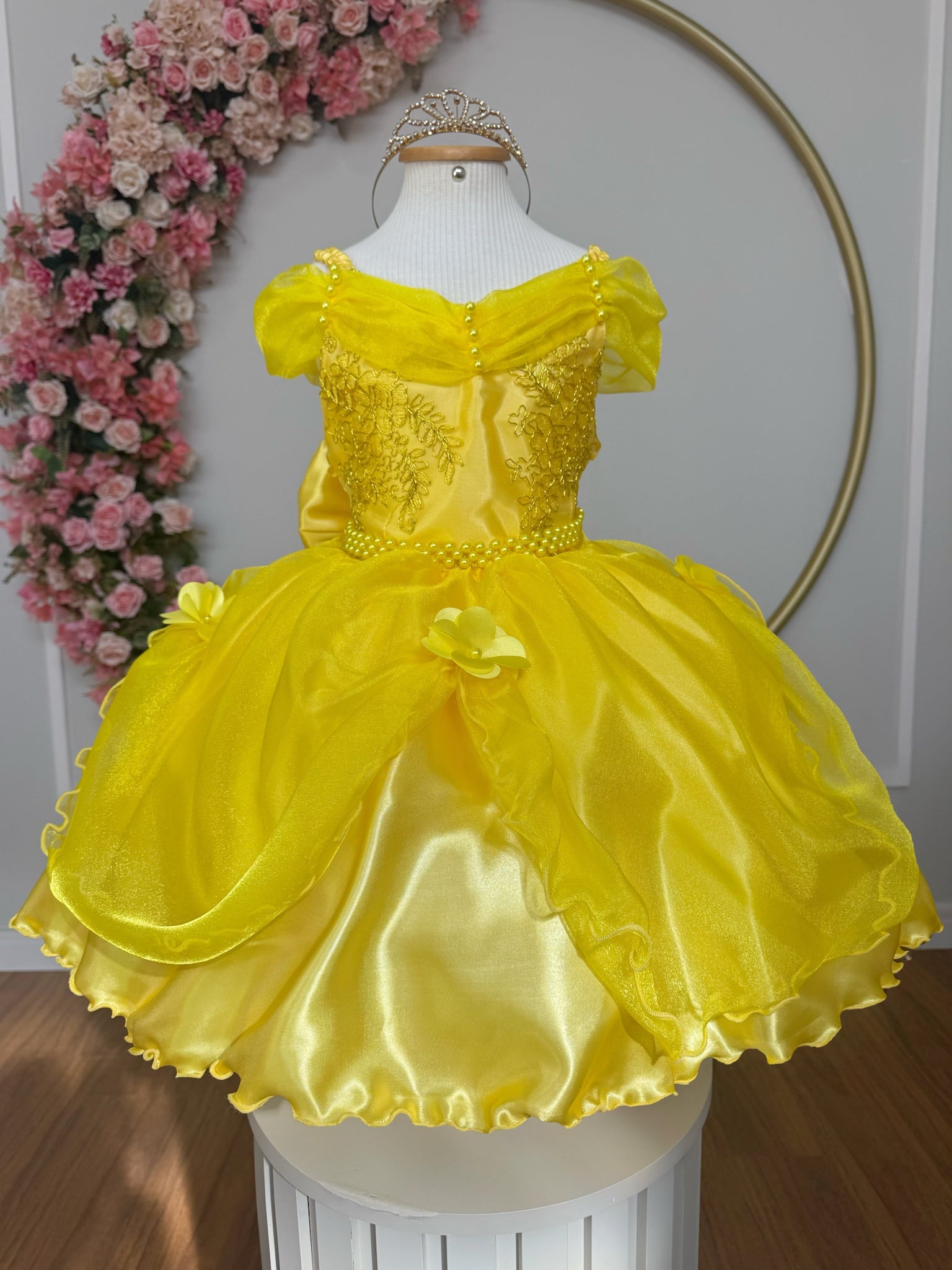 Golden Princess Ball Gown with Lace & Pearls