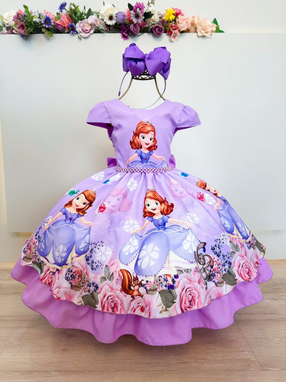 Girls Lavender Princess Party Dress with Floral Print
