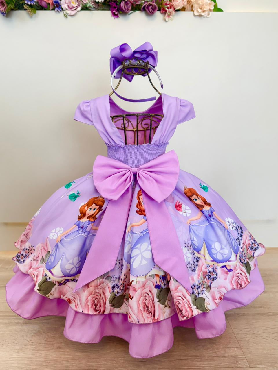 Girls Lavender Princess Party Dress with Floral Print