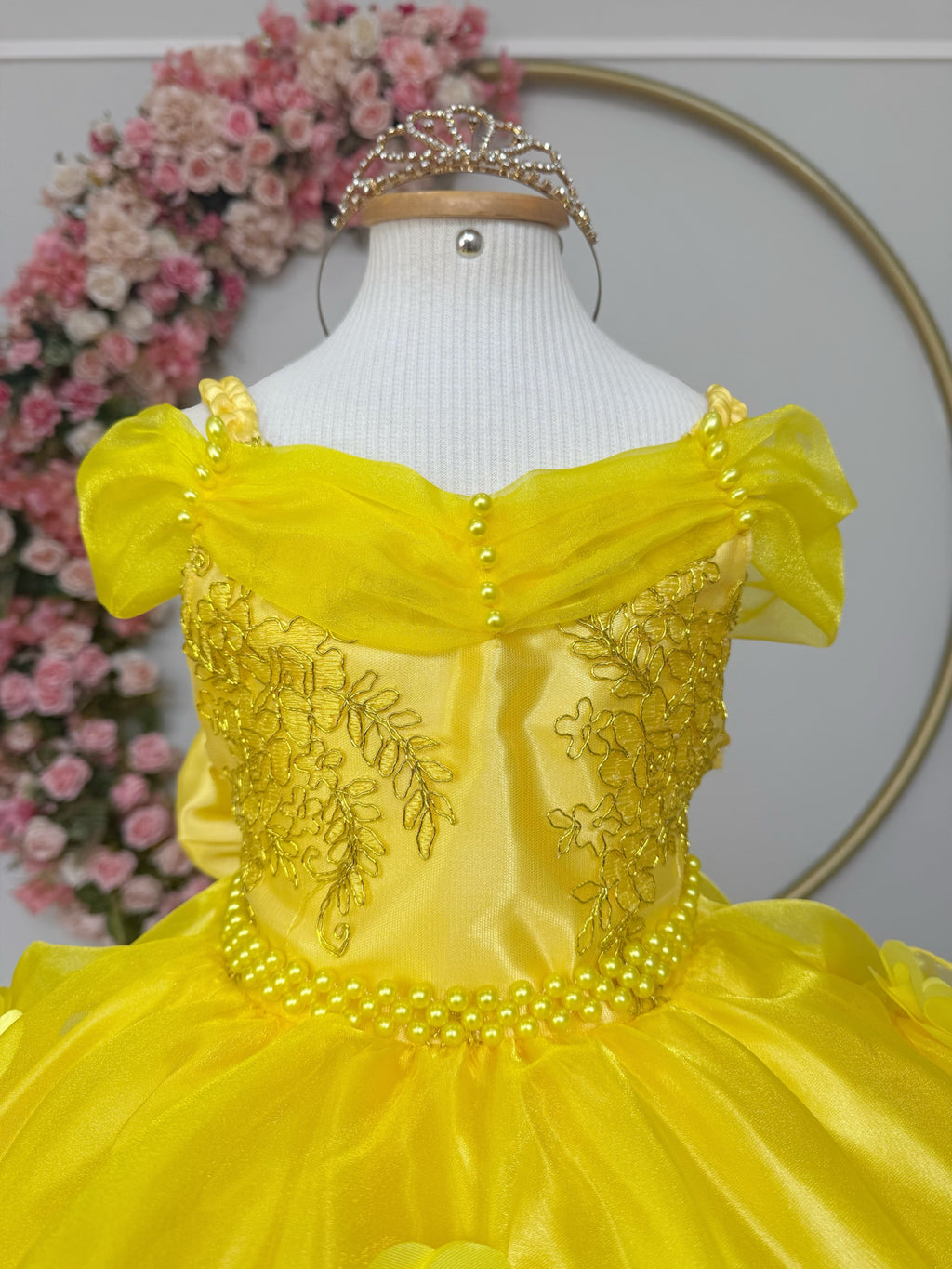 Golden Princess Ball Gown with Lace & Pearls