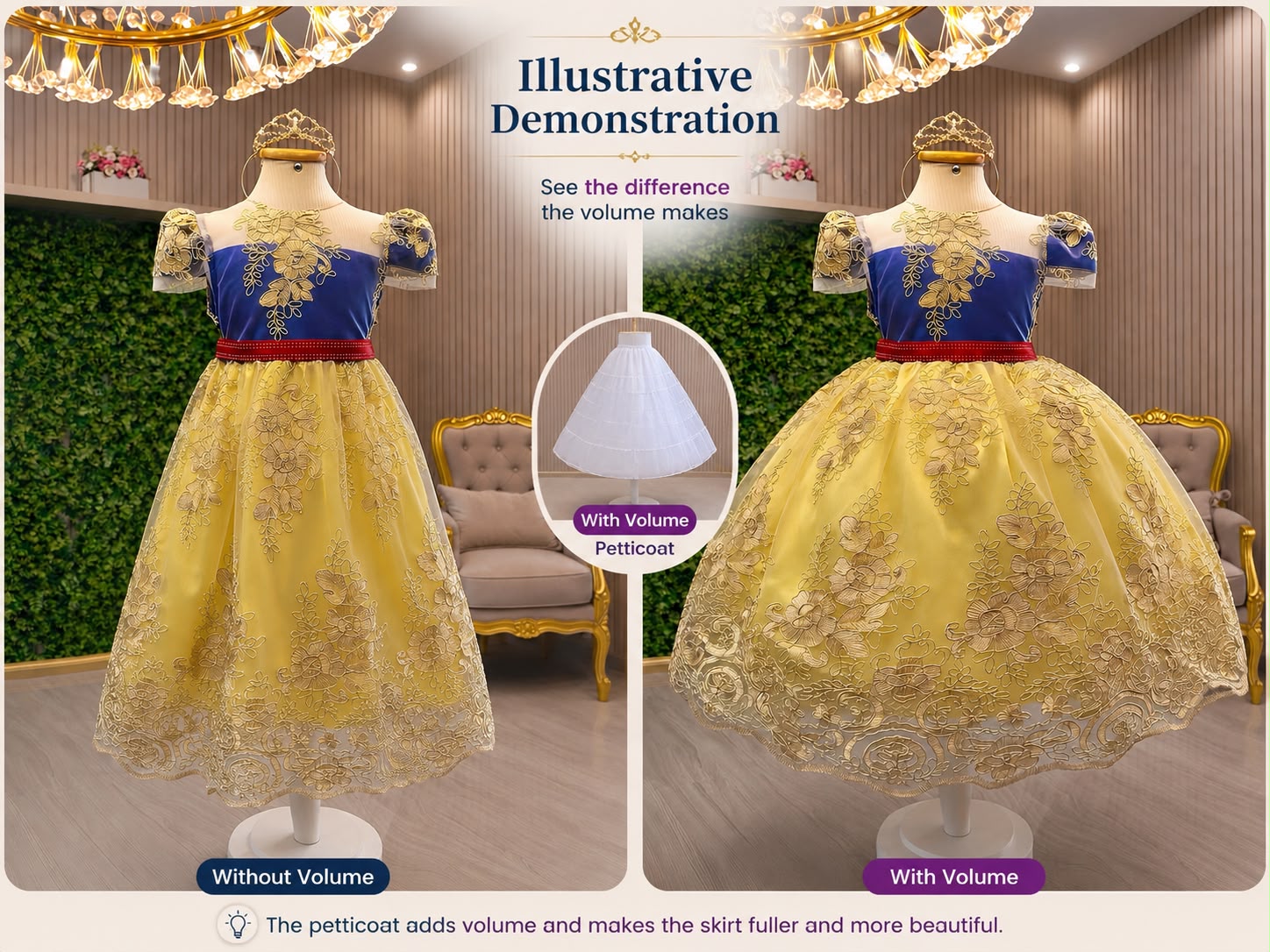 Royal Apple Princess Girls’ Party Dress with Golden Lace