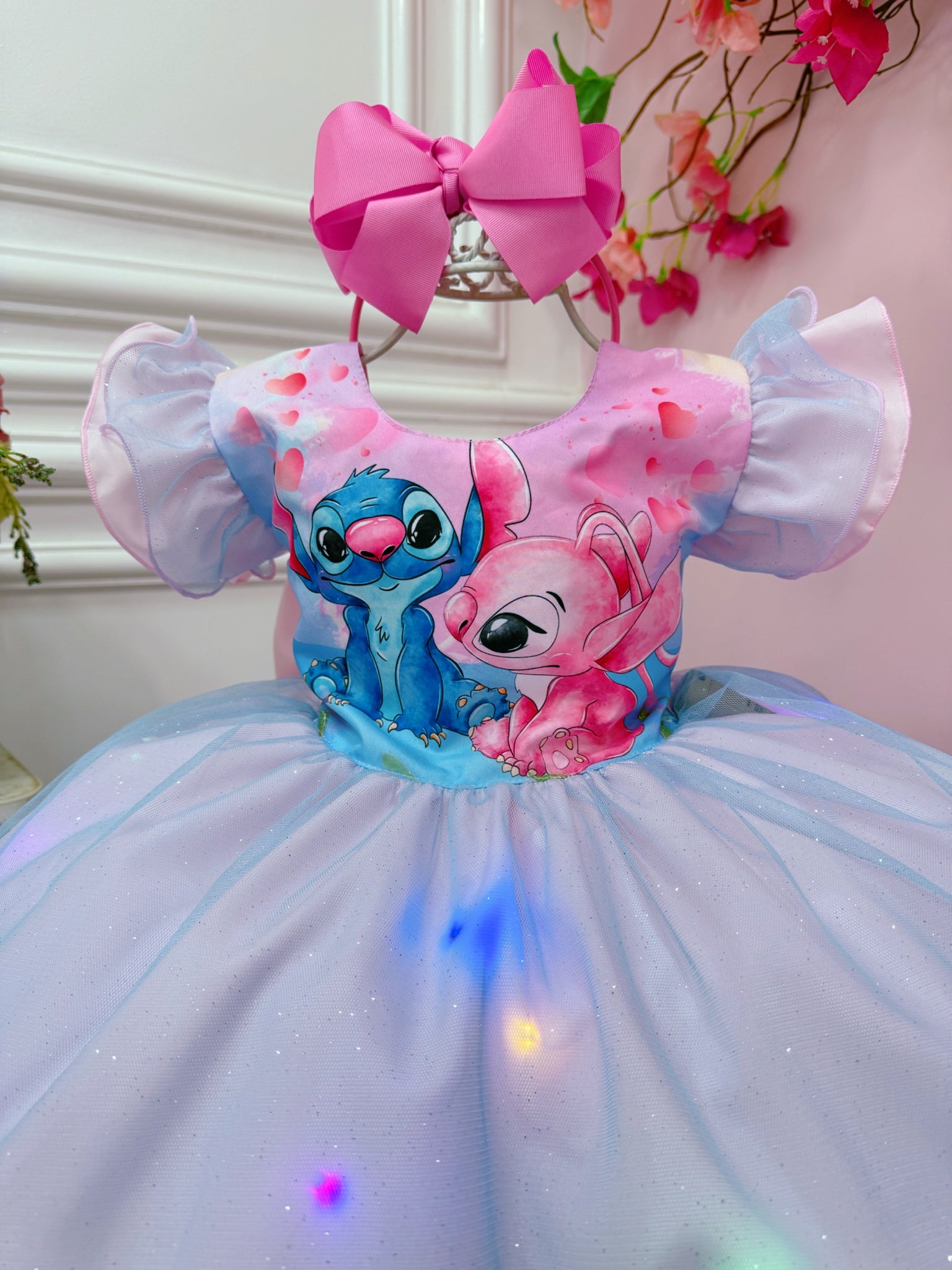 Girls Pink & Blue Glitter Tulle Party Dress with LED Lights