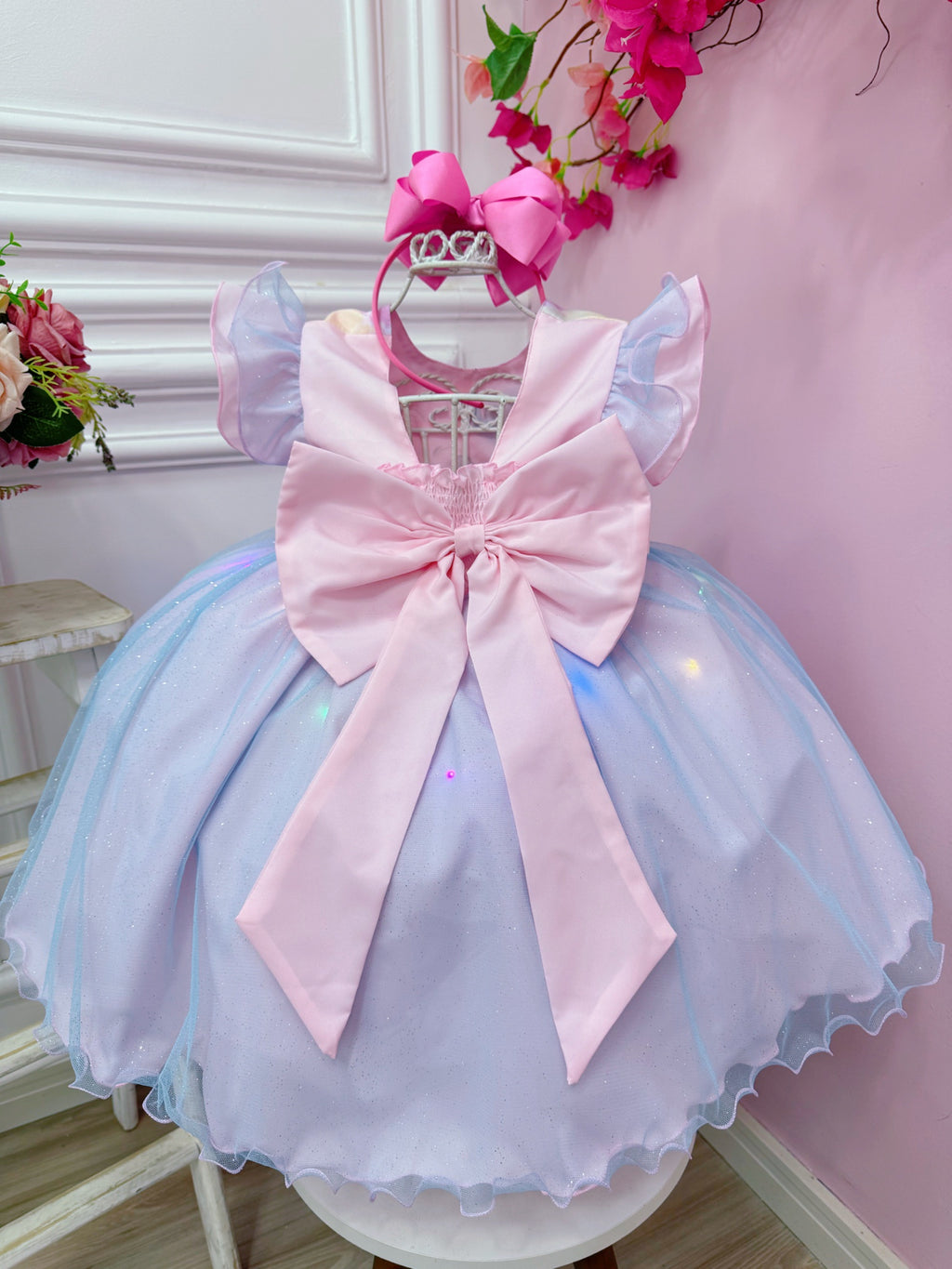 Girls Pink & Blue Glitter Tulle Party Dress with LED Lights