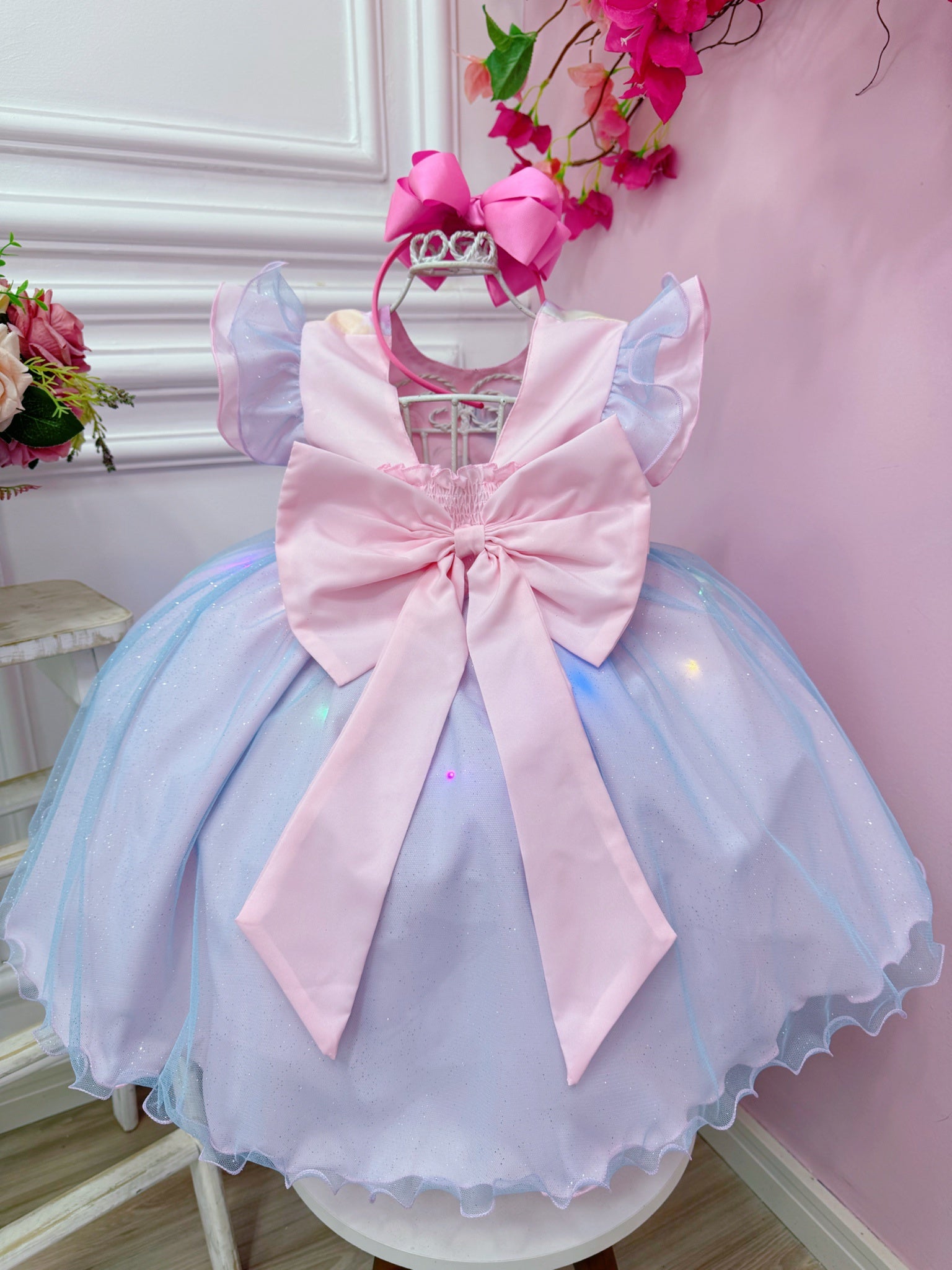 Girls Pink & Blue Glitter Tulle Party Dress with LED Lights
