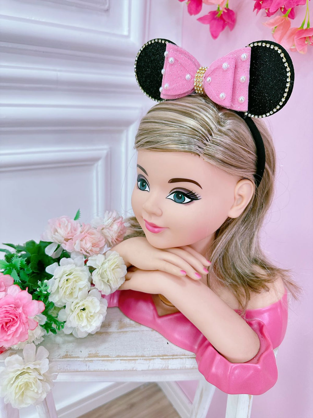 Pink Mouse-Inspired Girls Party Dress with Pearls & Matching Headband