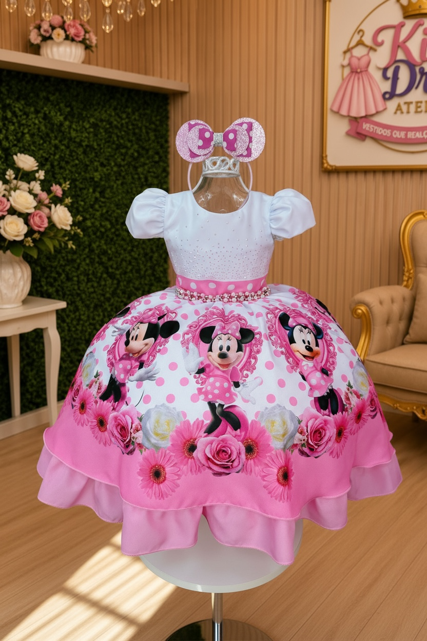 Pink Mouse-Inspired Girls Party Dress with Pearls & Matching Headband