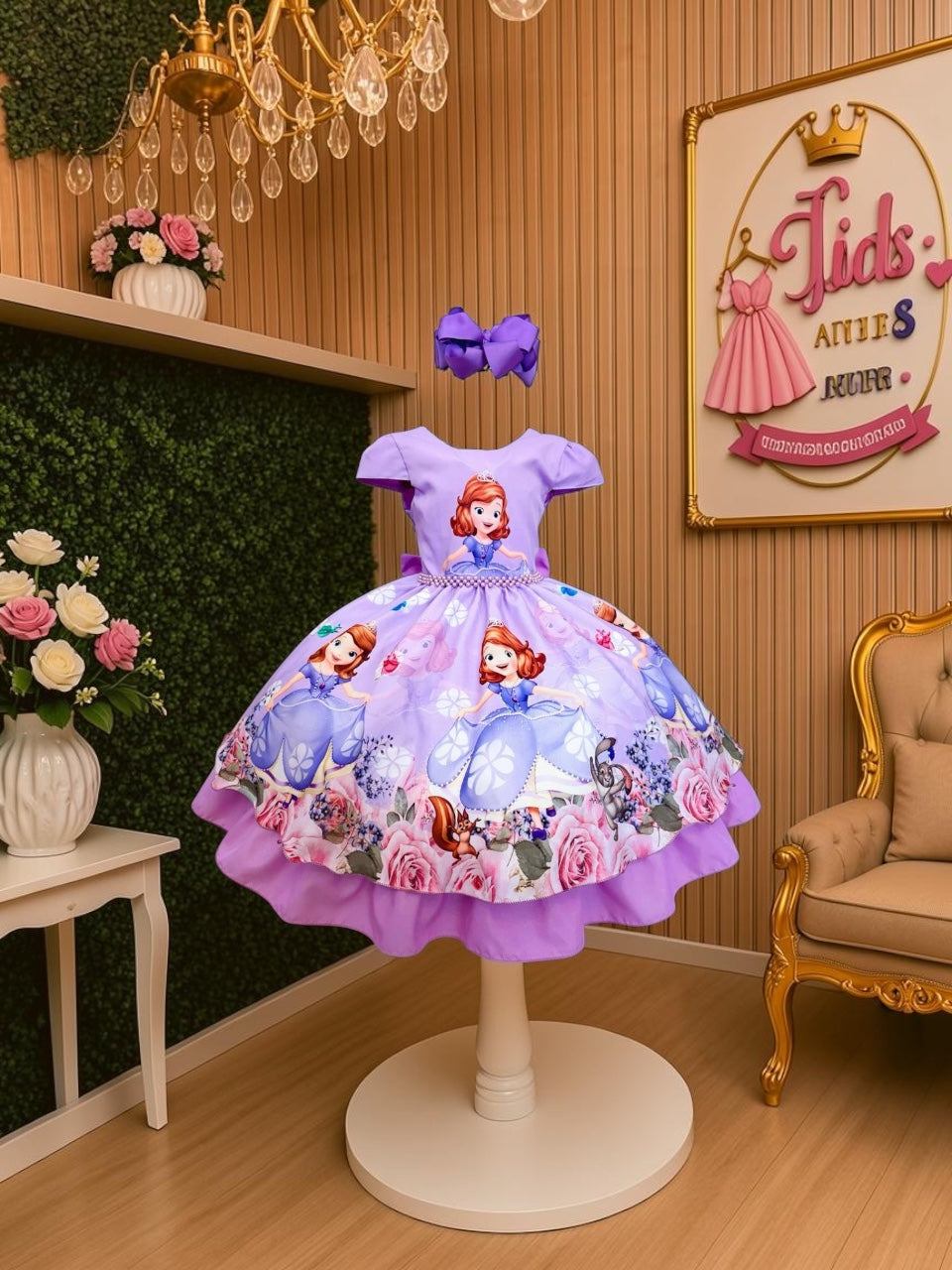 Girls Lavender Princess Party Dress with Floral Print