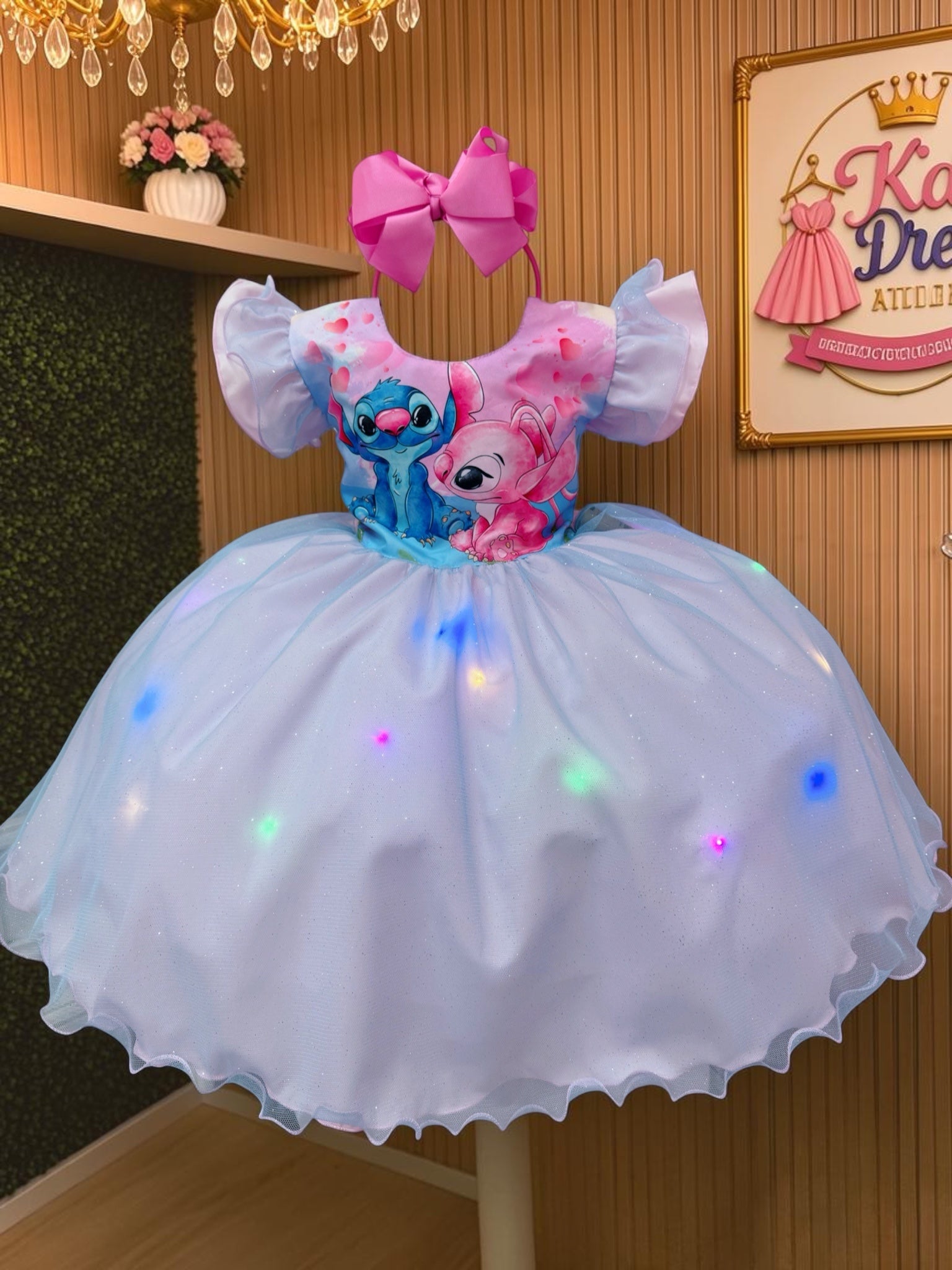 Girls Pink & Blue Glitter Tulle Party Dress with LED Lights