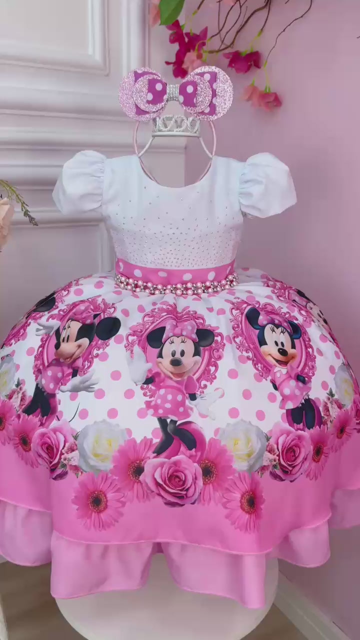 Pink Mouse-Inspired Girls Party Dress with Pearls & Matching Headband